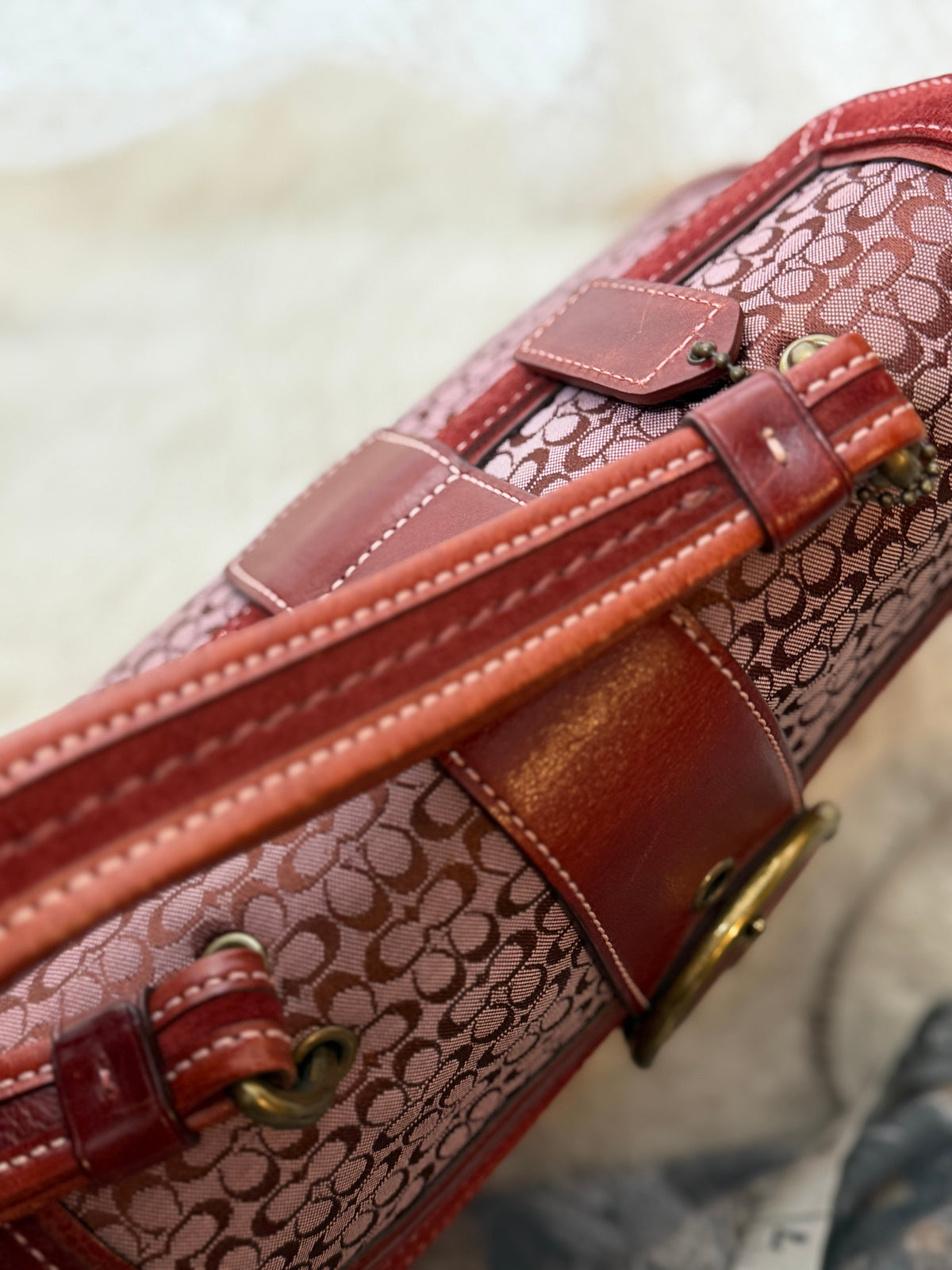 Coach 7078 Rare Soho Red Signature Monogram Hand Bag Leather Trim