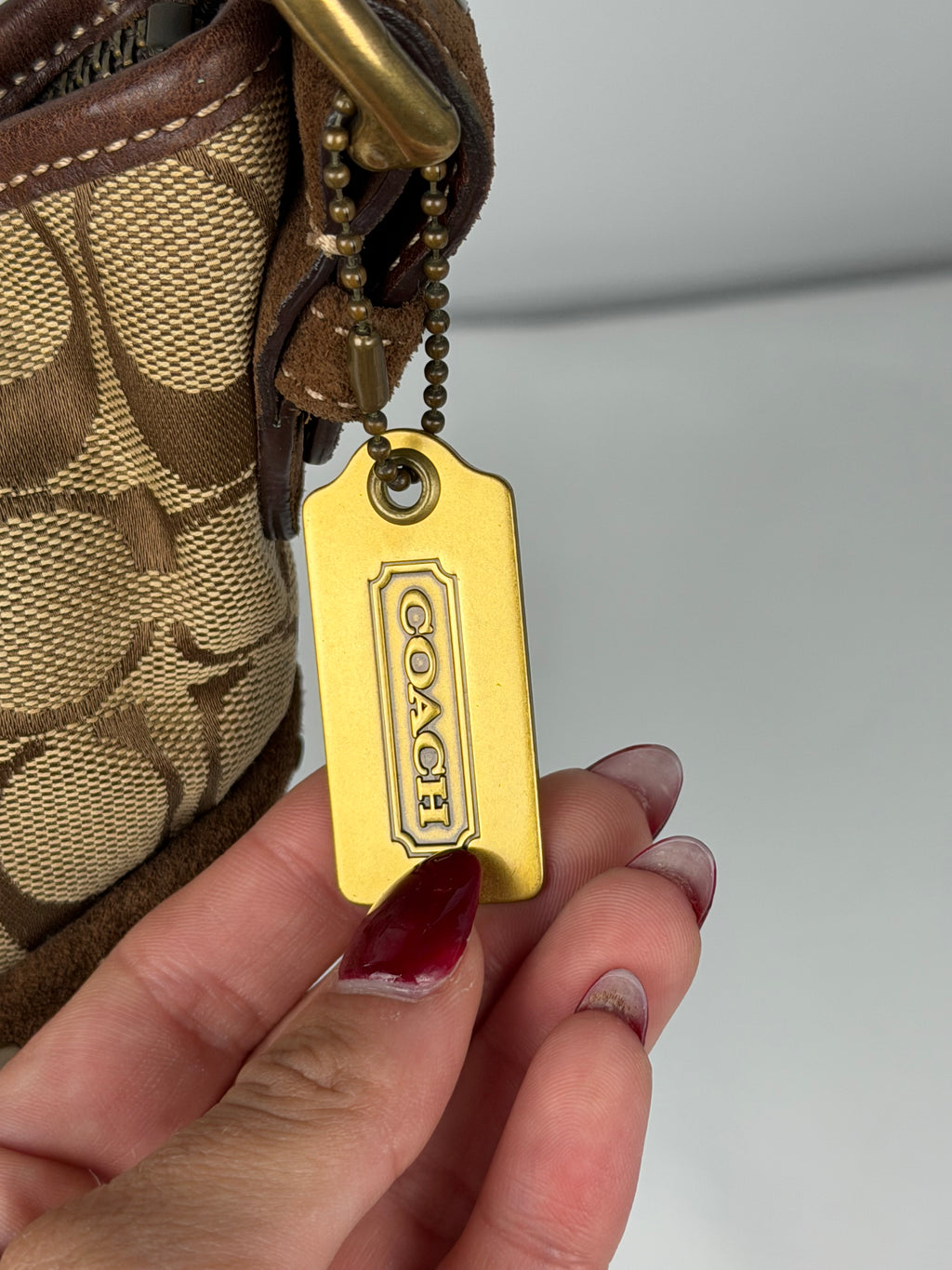 Coach RARE 7057 Hobo Signature Shoulder Bag Gold Embellishments Brown Suede Trim