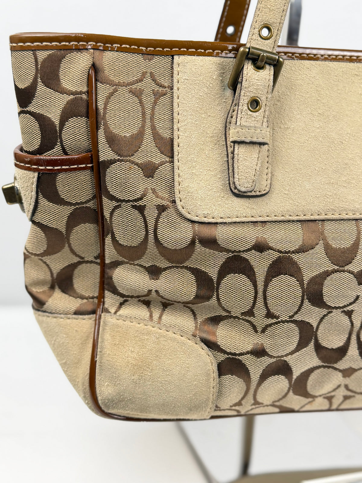 Coach 1443 Signature Brown monogram Tote Shoulder Bag Suede Leather Trim