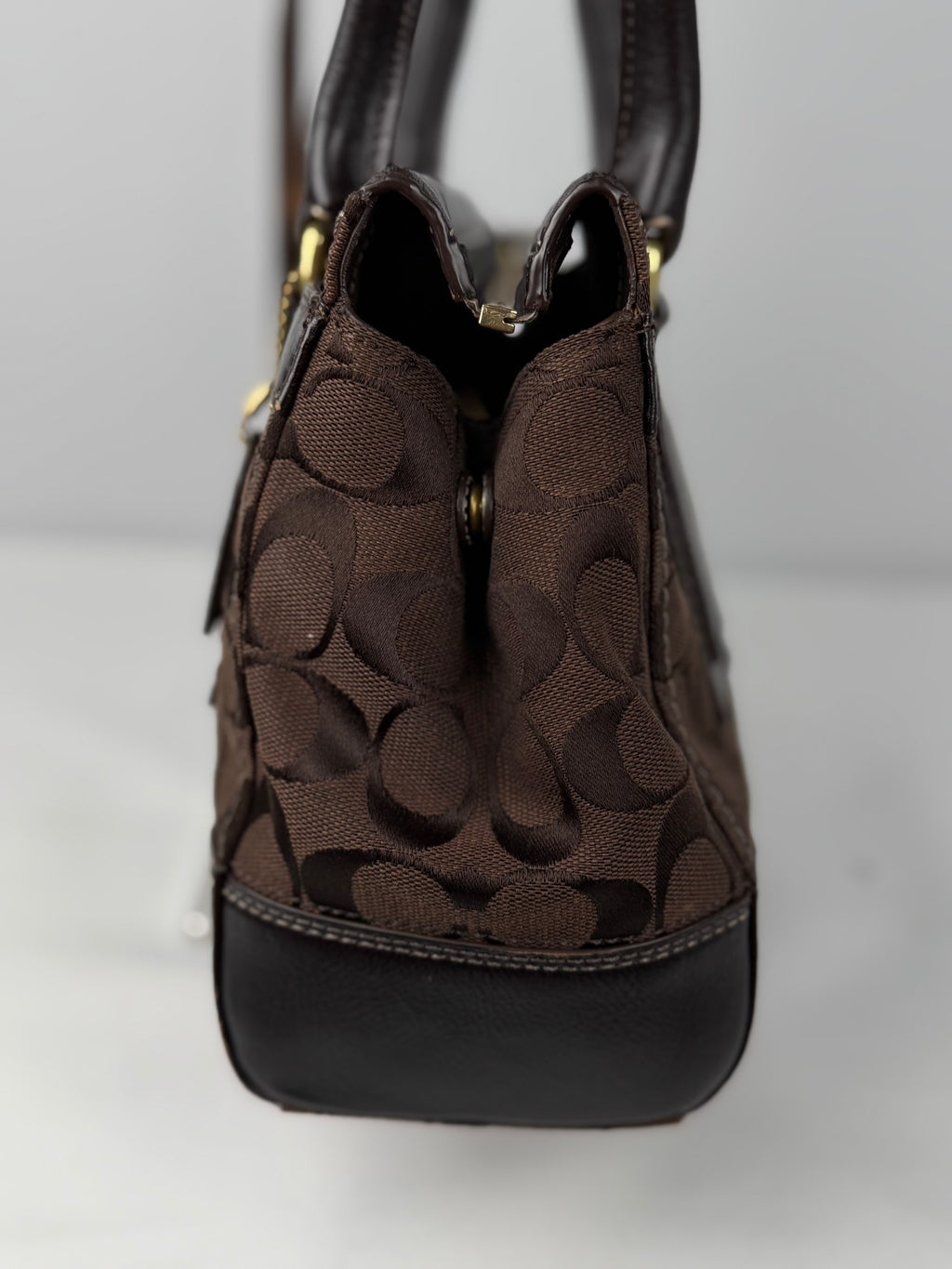 Coach 11062 Hampton Signature Chocolate Brown Monogram Shoulder Bag Leather Trim