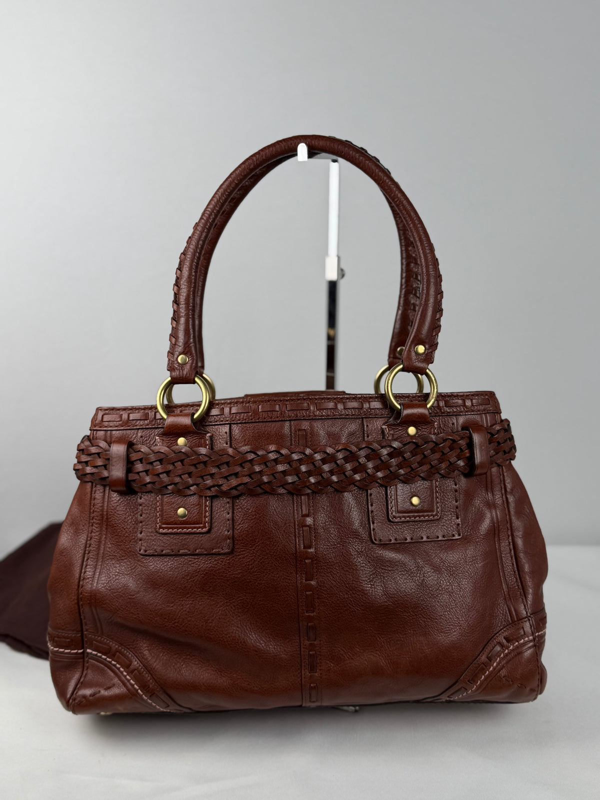 Coach 9290 Rare Hampton Clip Brown Leather Shoulder Bag Braided Detail