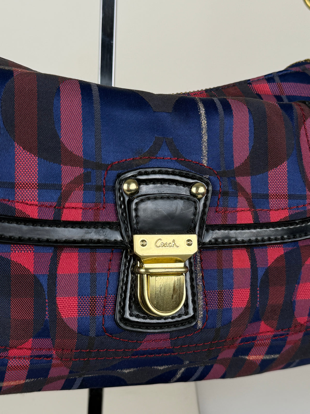 Coach 21621 Check Pattern Blue/Red/Pink Monogram Shoulder Bag