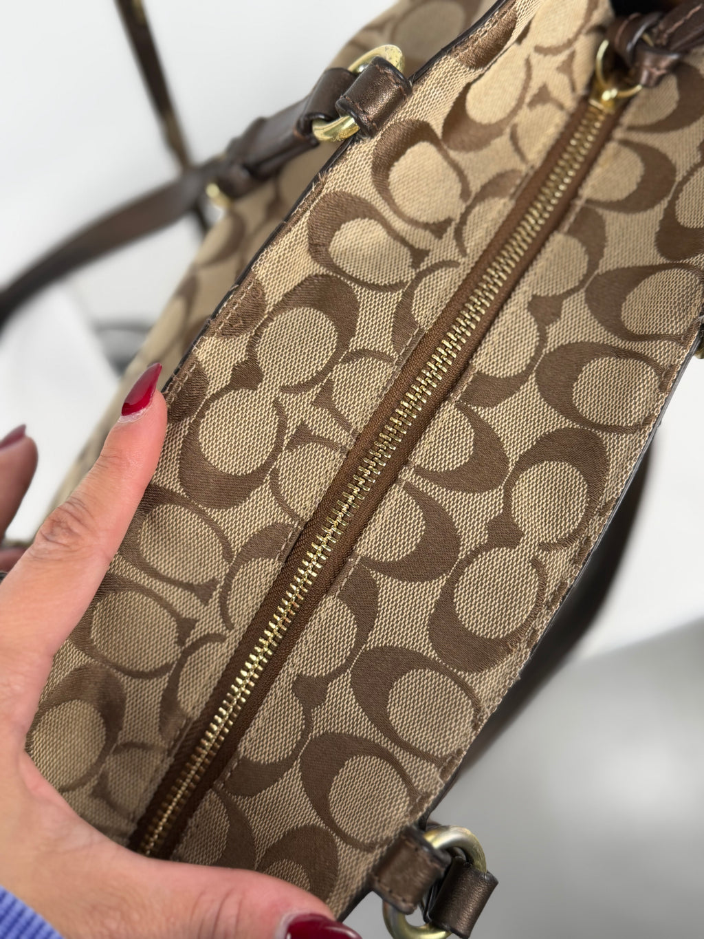 Coach F17726 Signature Brown Shoulder Tote Bag Leather Trim