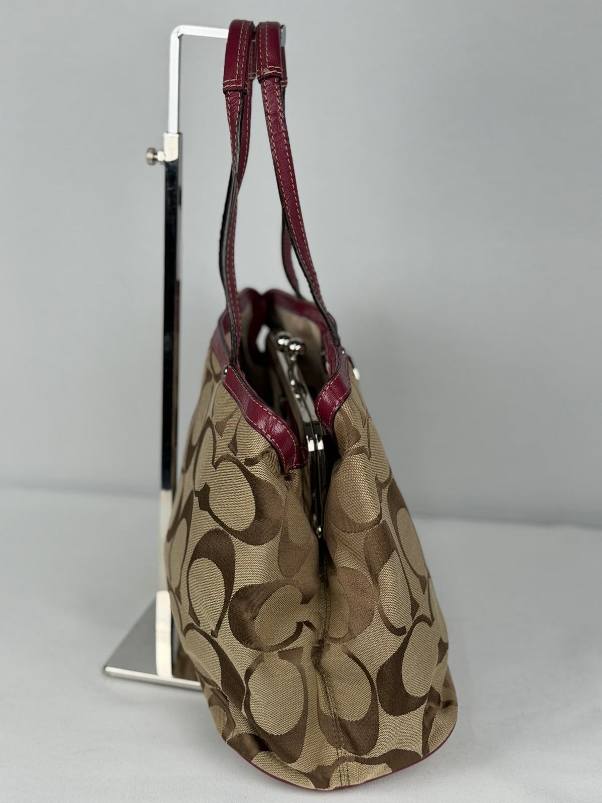 Coach F19190 Kisslock Signature Brown/Red Shoulder Bag Leather Trim