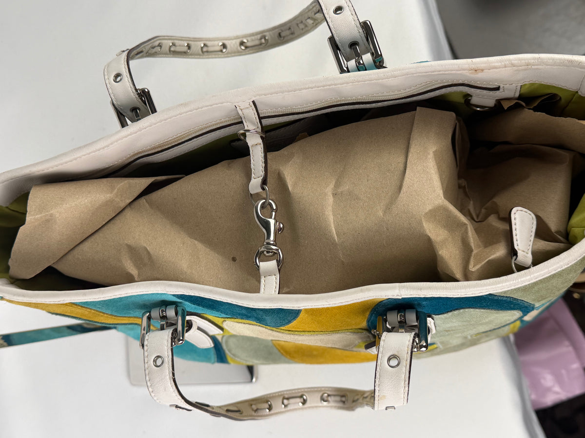 Coach 3682 Rare Yellow/Green/Blue Suede Patchwork Shoulder Bag White Leather Trim