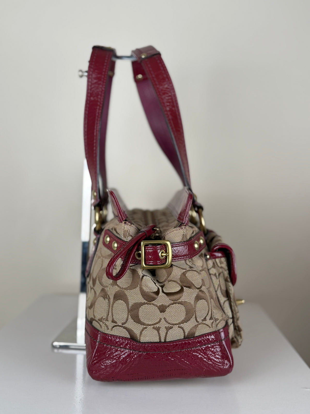 Coach F13131 Legacy Rare Turnlock Double Pocket Signature Brown Monogram Shoulder Bag Red Patent Leather Trim