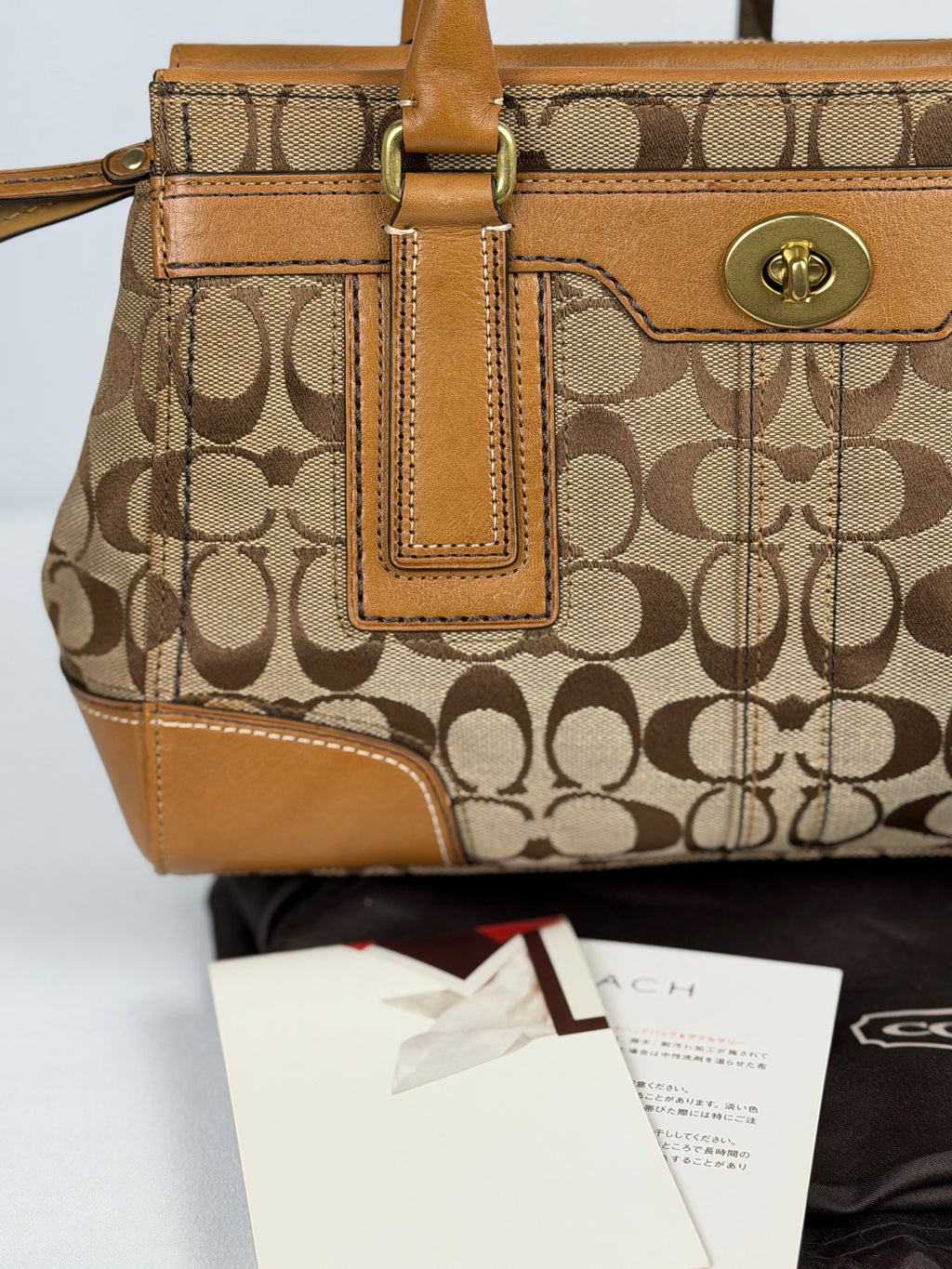 Coach 11062 Hampton Turnlock Signature Brown Monogram Shoulder Bag Leather Trim