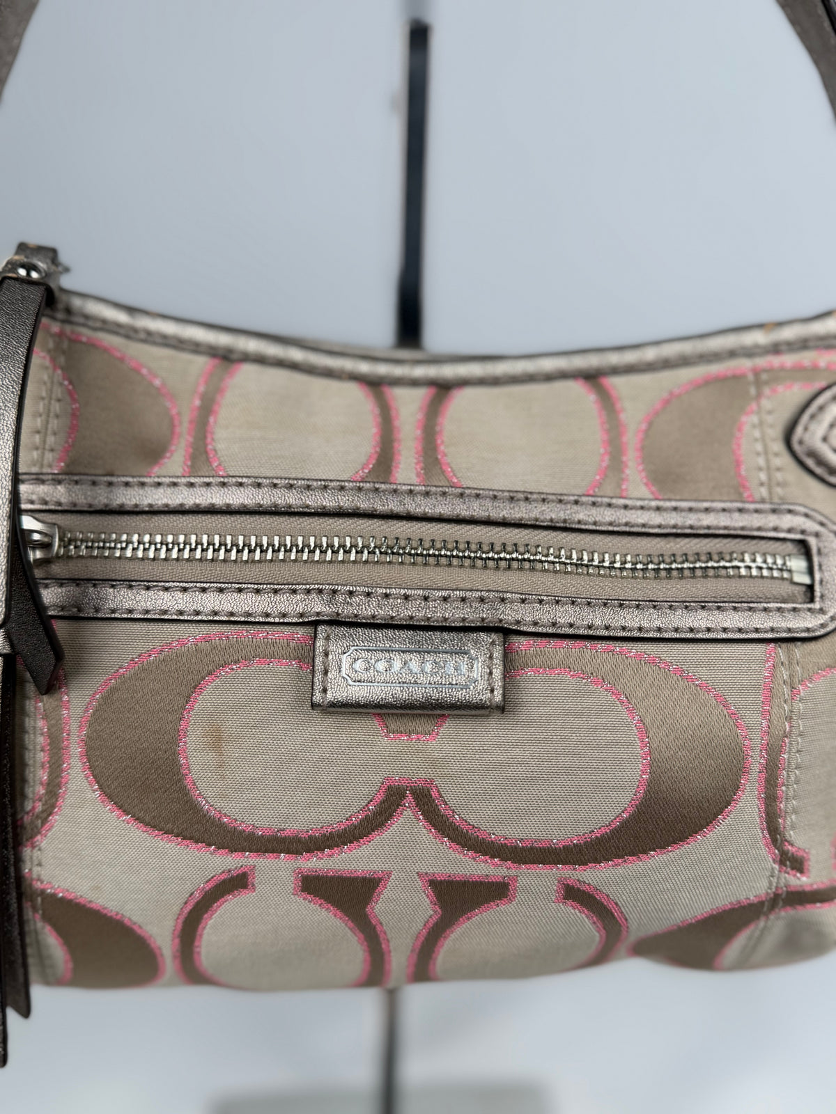 Coach F23946 Daisy Signature Monogram Pink/Beige Shoulder Bag Leather Trim
