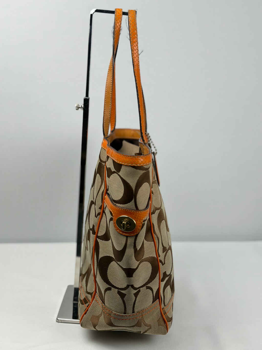 Coach 8626 Signature Brown Monogram Tote Shoulder Bag Orange Leather Trim