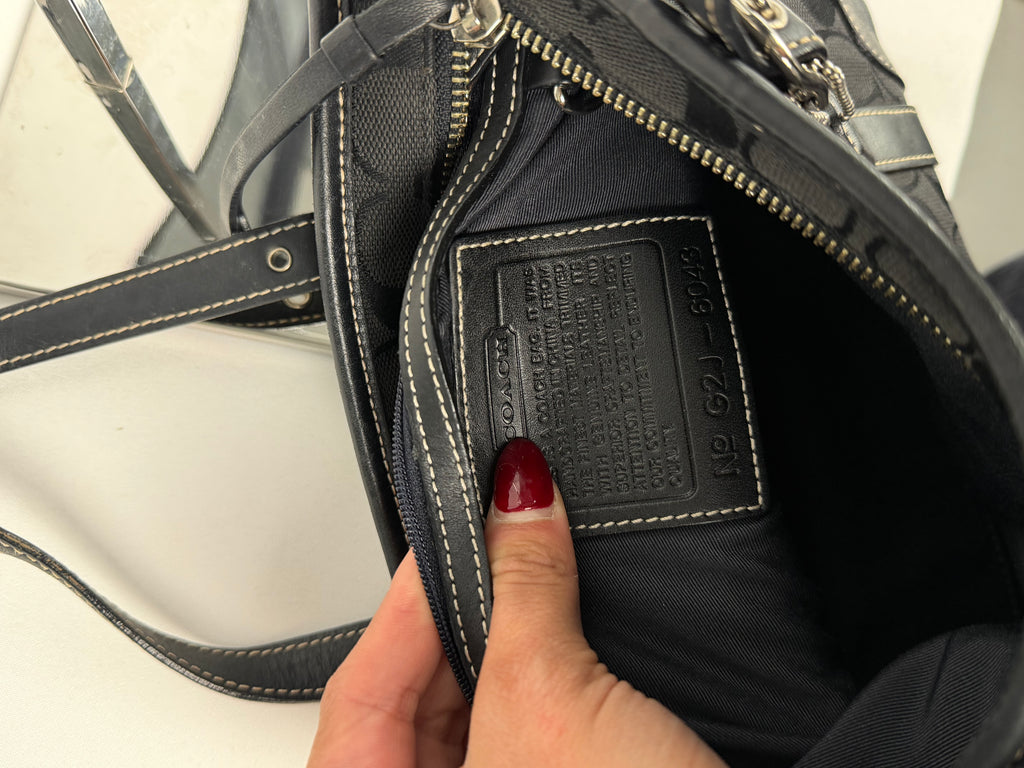 Coach 6043 Signature Small Black Hand Bag Leather Trim