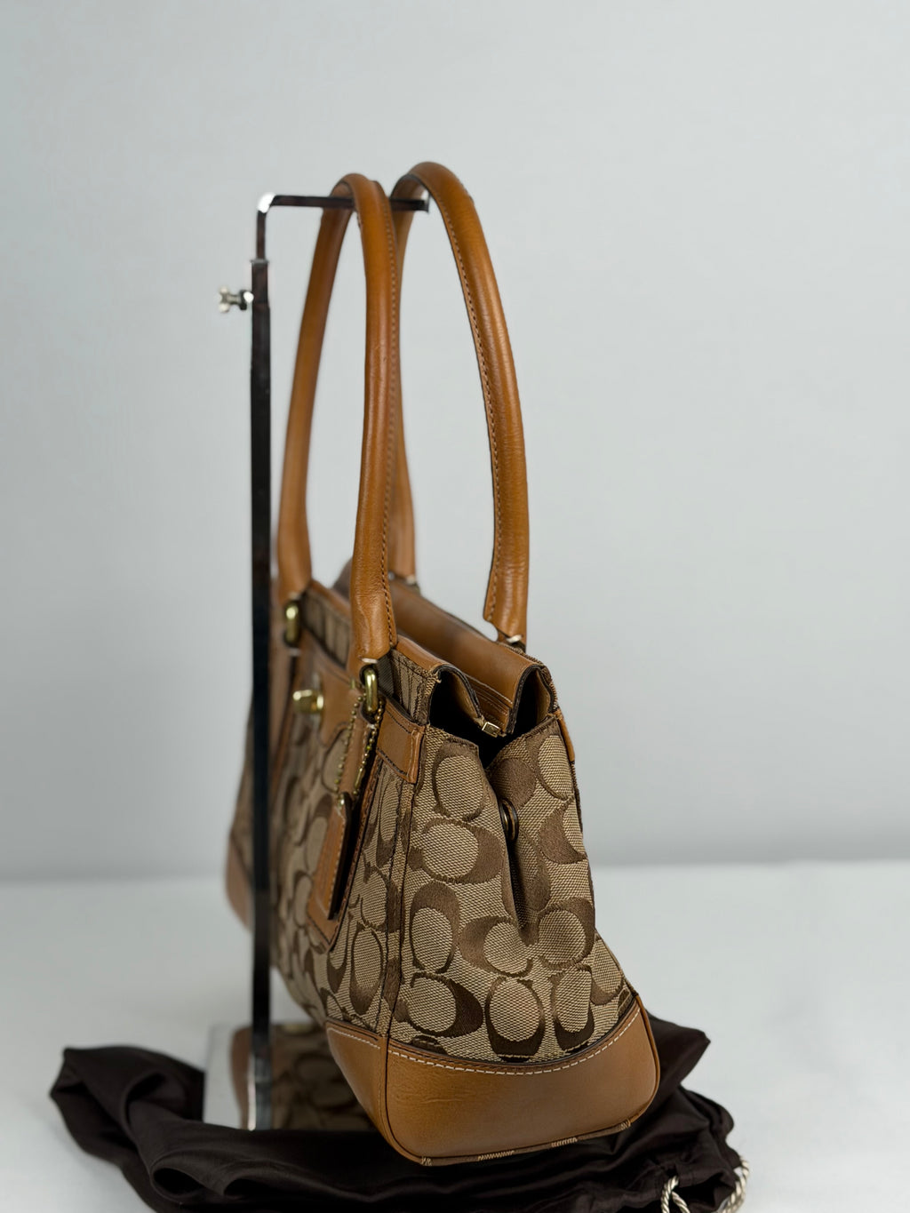Coach 11062 Hampton Turnlock Signature Brown Monogram Shoulder Bag Leather Trim