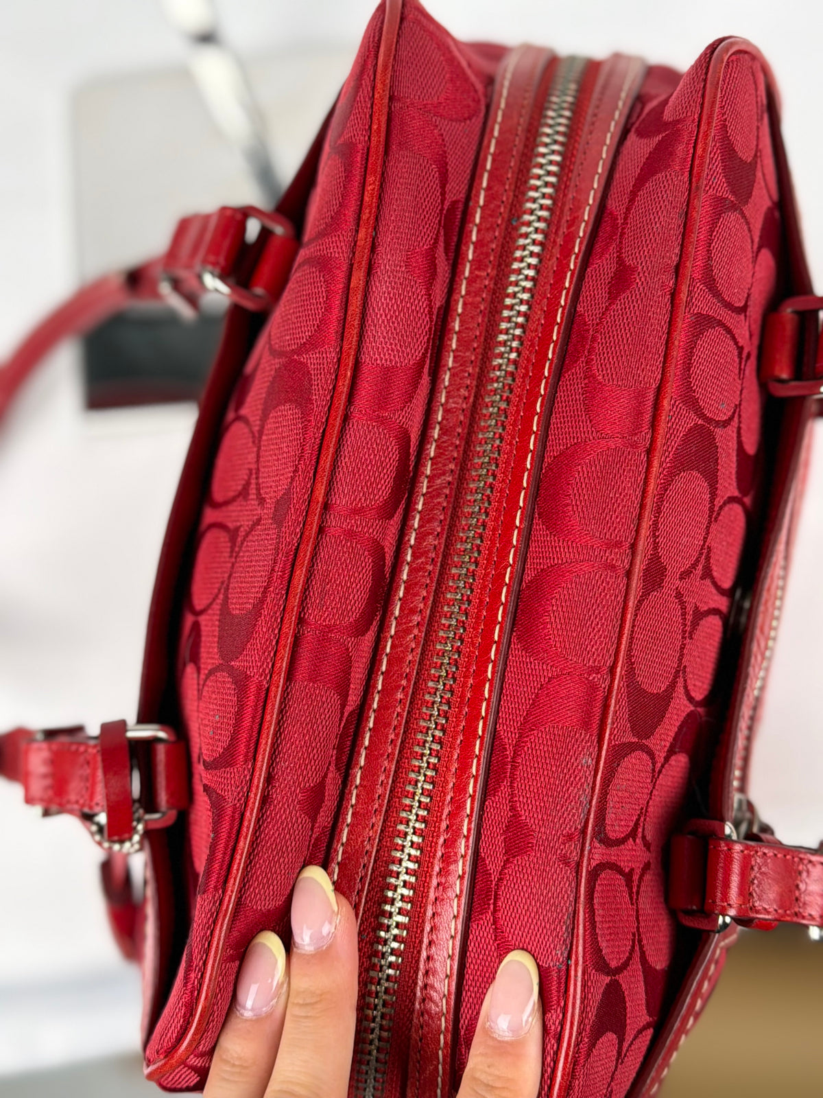 Coach 8K05 Mini Boston Signature Red Shoulder Bag Leather Trim