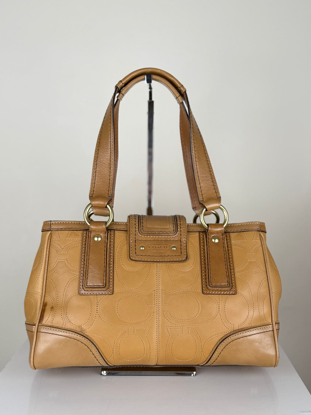 Coach 11330 Hampton Turnlock Flap Monogram Embossed Leather Shoulder Bag