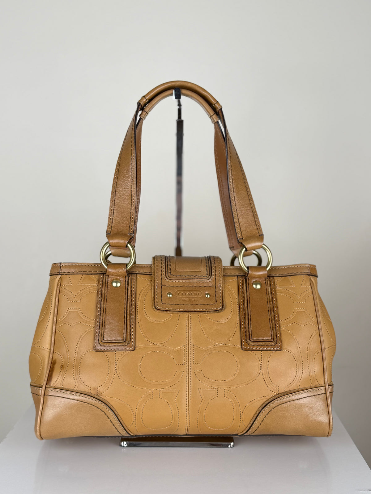 Coach 11330 Hampton Turnlock Flap Monogram Embossed Leather Shoulder Bag
