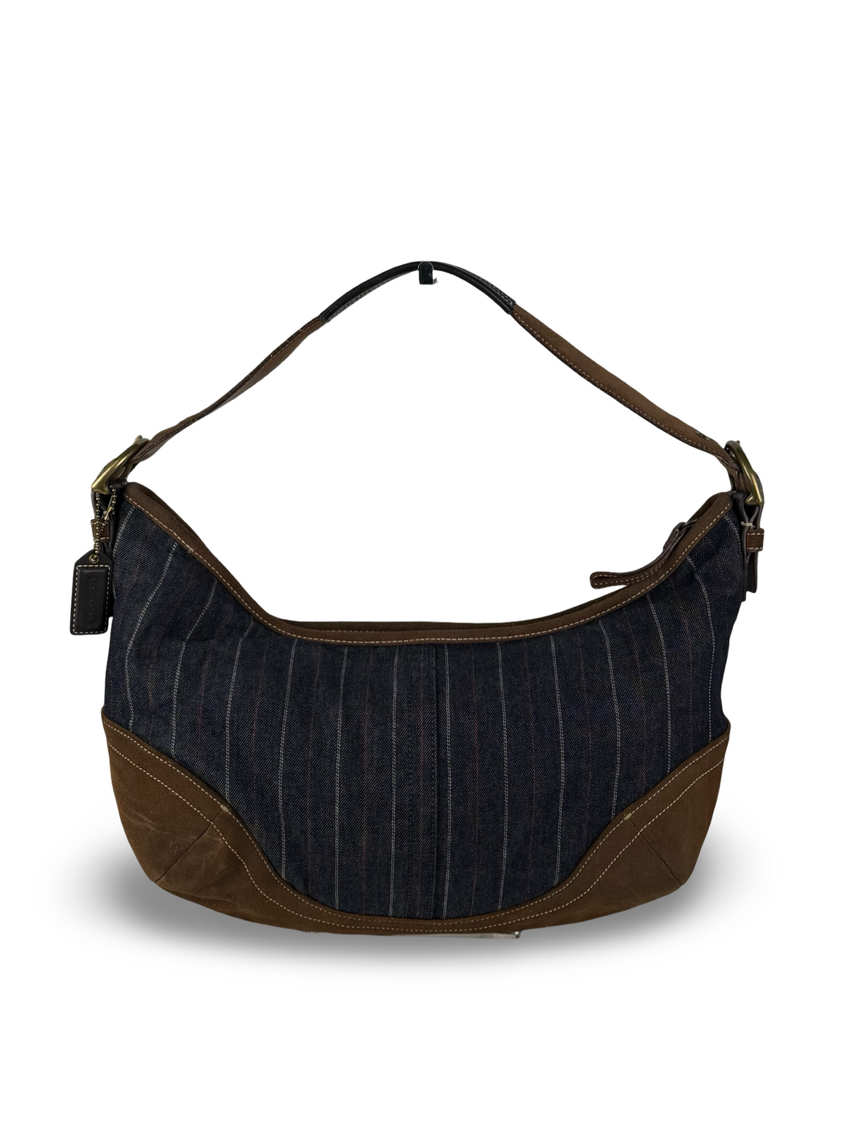 Coach 9527 Hobo Denim Pinistripe Shoulder Bag Brown Suede Leather Trim