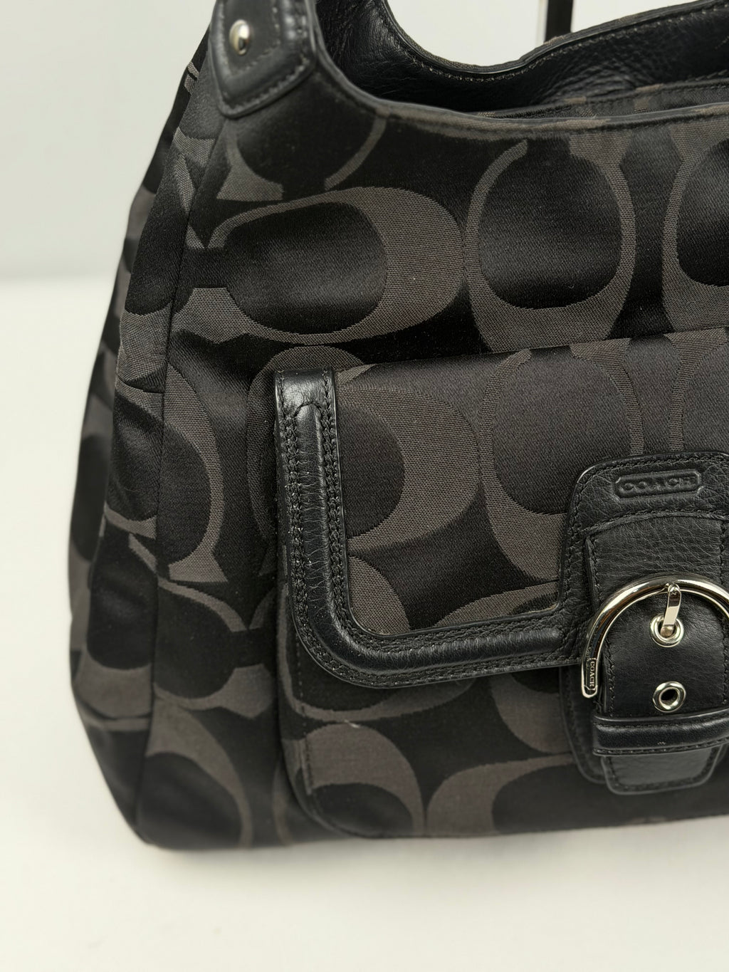 Coach F24742 Soho Black Moogram Shoulder Bag Black Leather Trim