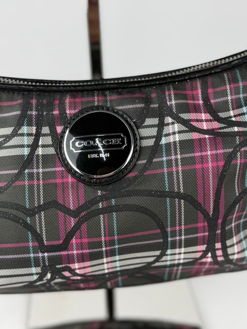 Coach F17670 Poppy Tartan Pink and Black Shoulder Bag Leather Trim