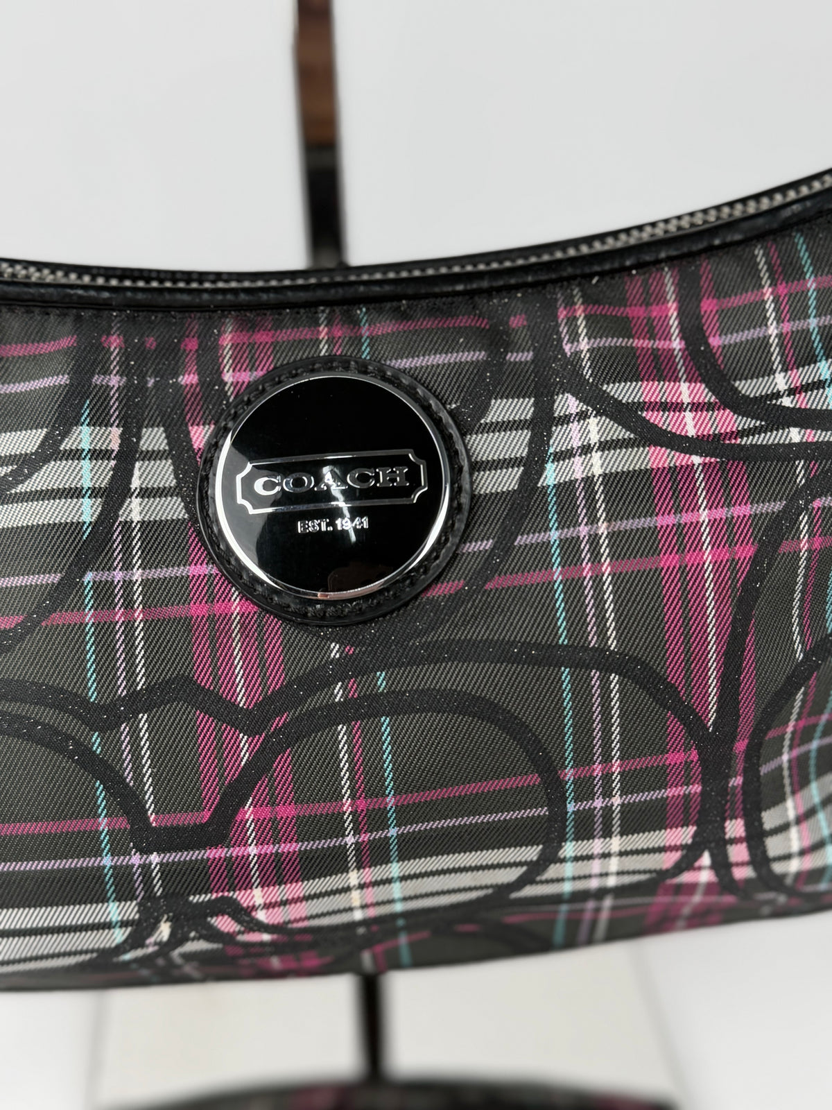 Coach F17670 Poppy Tartan Pink and Black Shoulder Bag Leather Trim