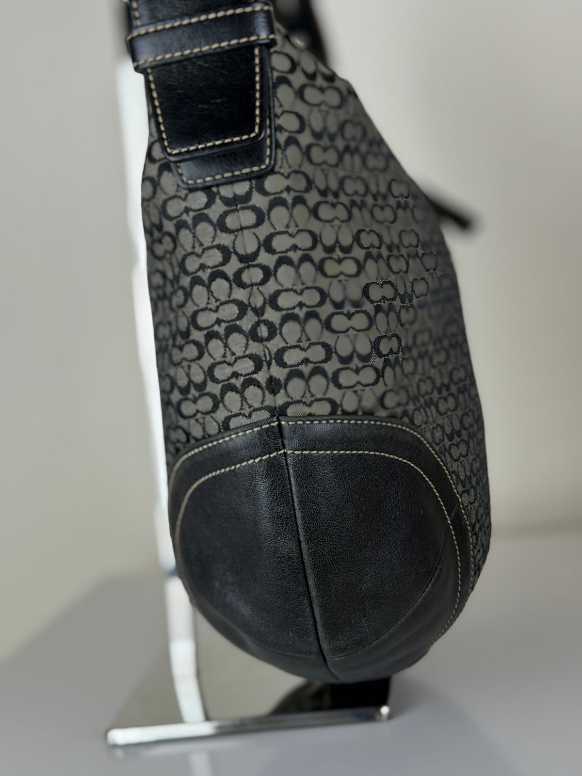 Coach 1461 Black and Grey Signature Monogram Hobo Shoulder Bag Leather Trim