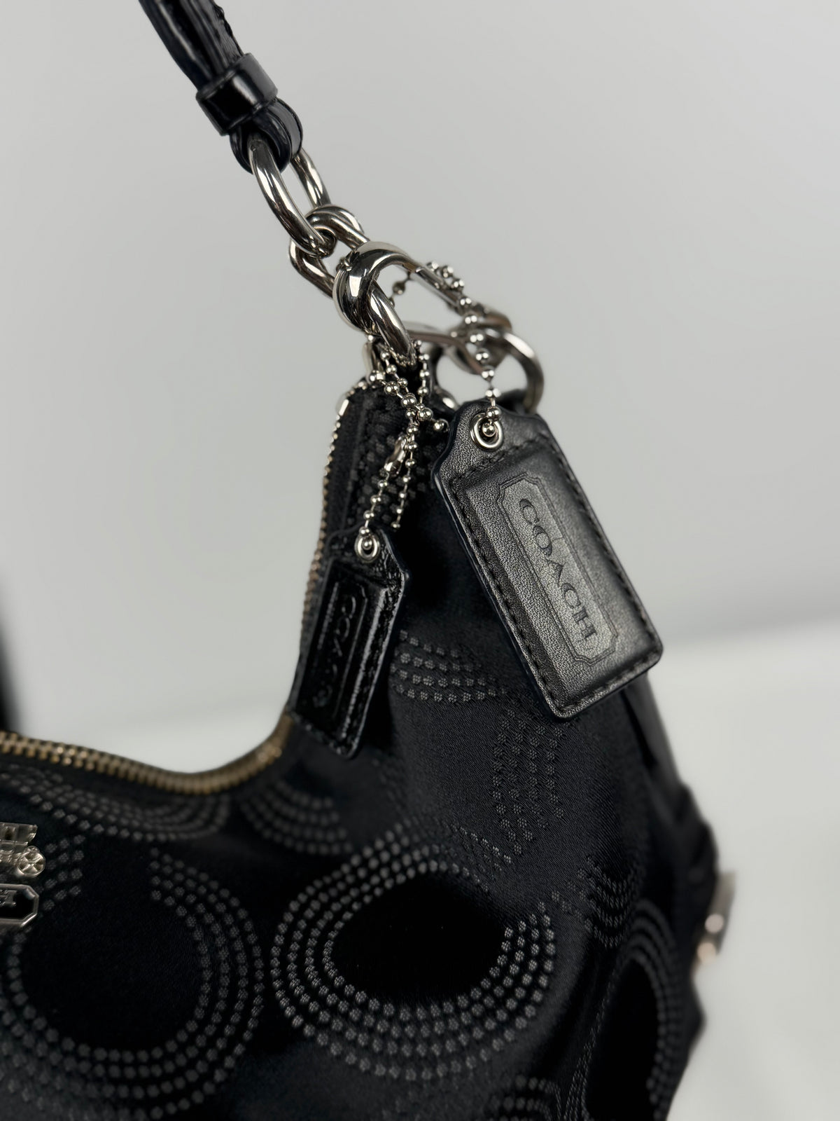 Coach 15929 Madison Black Op Art Shoulder Bag Leather Trim