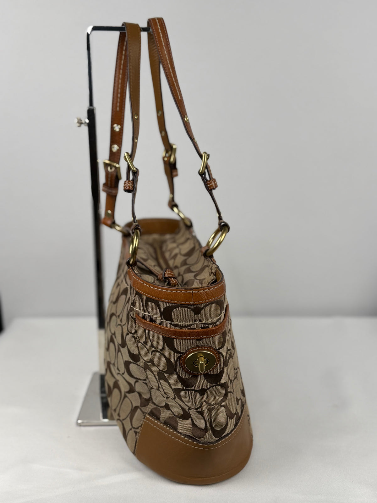 Coach 11237 Signature Brown Monogram Gallery Tote Shoulder Bag Leather Trim