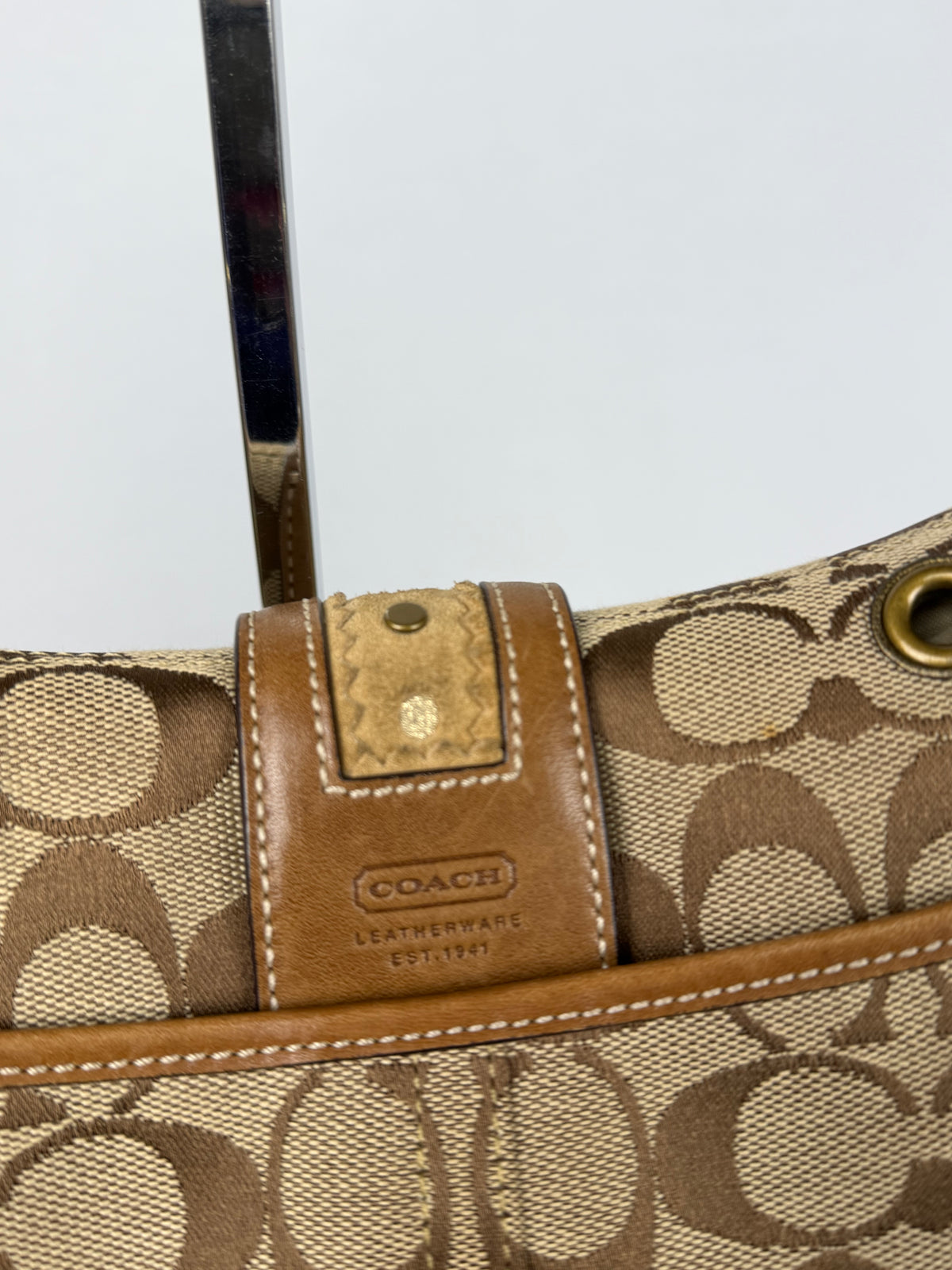 RARE Coach 9451 Soho Signature Brown Shoulder Bag Studded Embellishments Suede Leather Trim