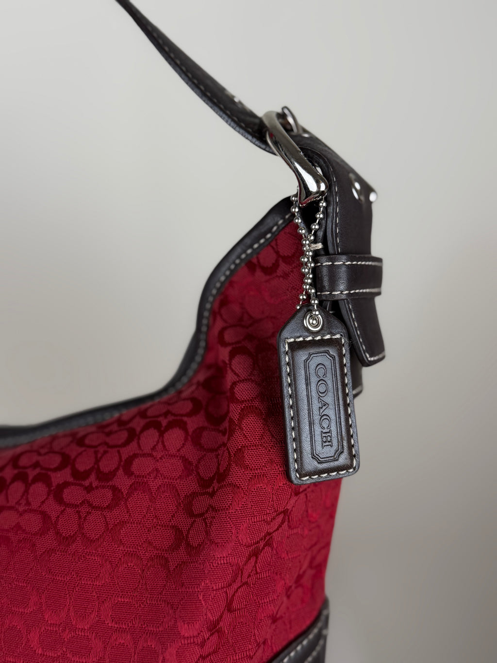 Coach 6385 Rare Hobo Red Signature Monogram Shoulder Bag with matching wristlet Brown Leather Trim