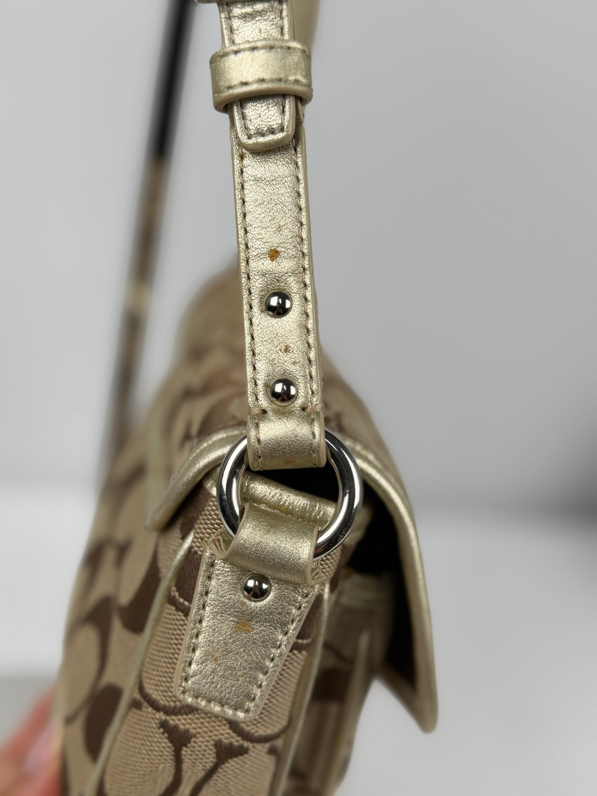 Coach F14282 Signature Turnlock Brown Shoulder Bag Gold Leather Trim