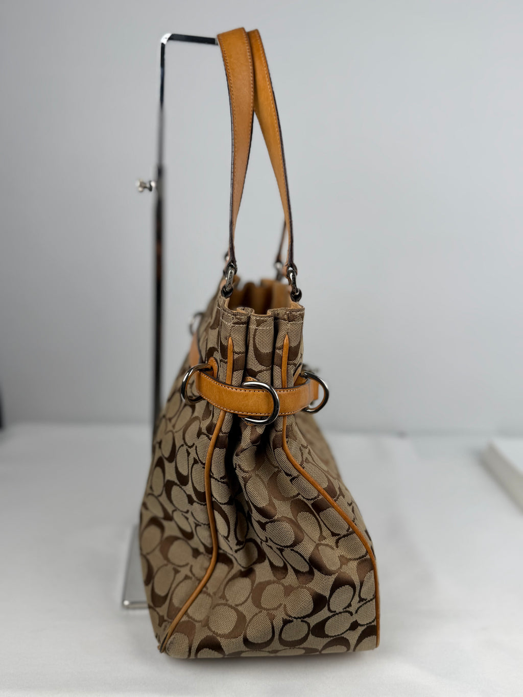 Coach 6352 Signature Brown Monogram Shoulder Bag Tan Leather Trim