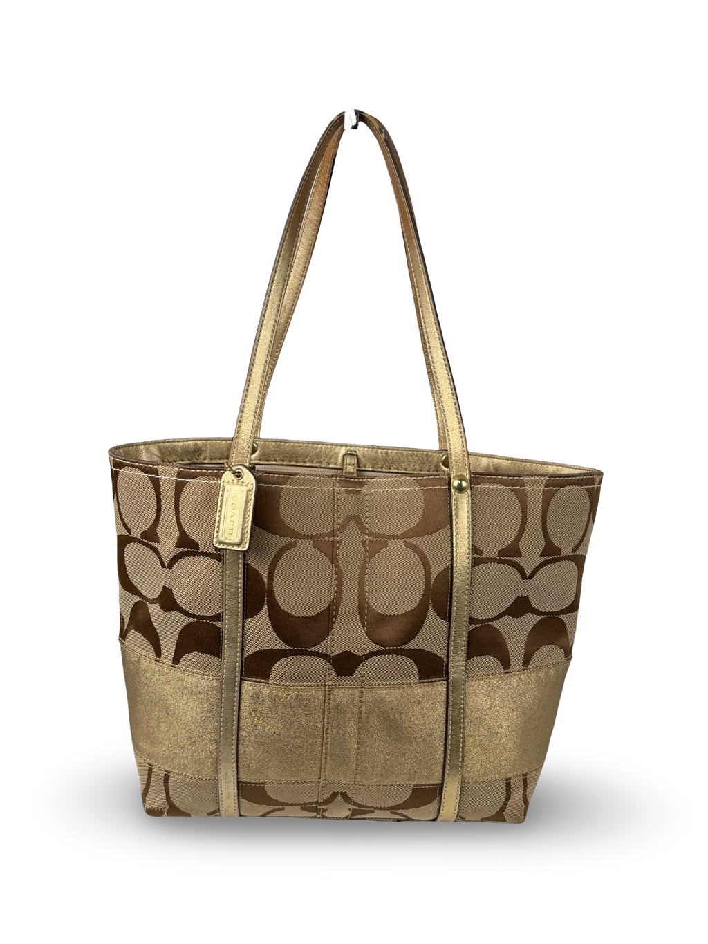 Coach 11098 Signature Brown/Gold Monogram Shoulder Tote Bag Leather Trim