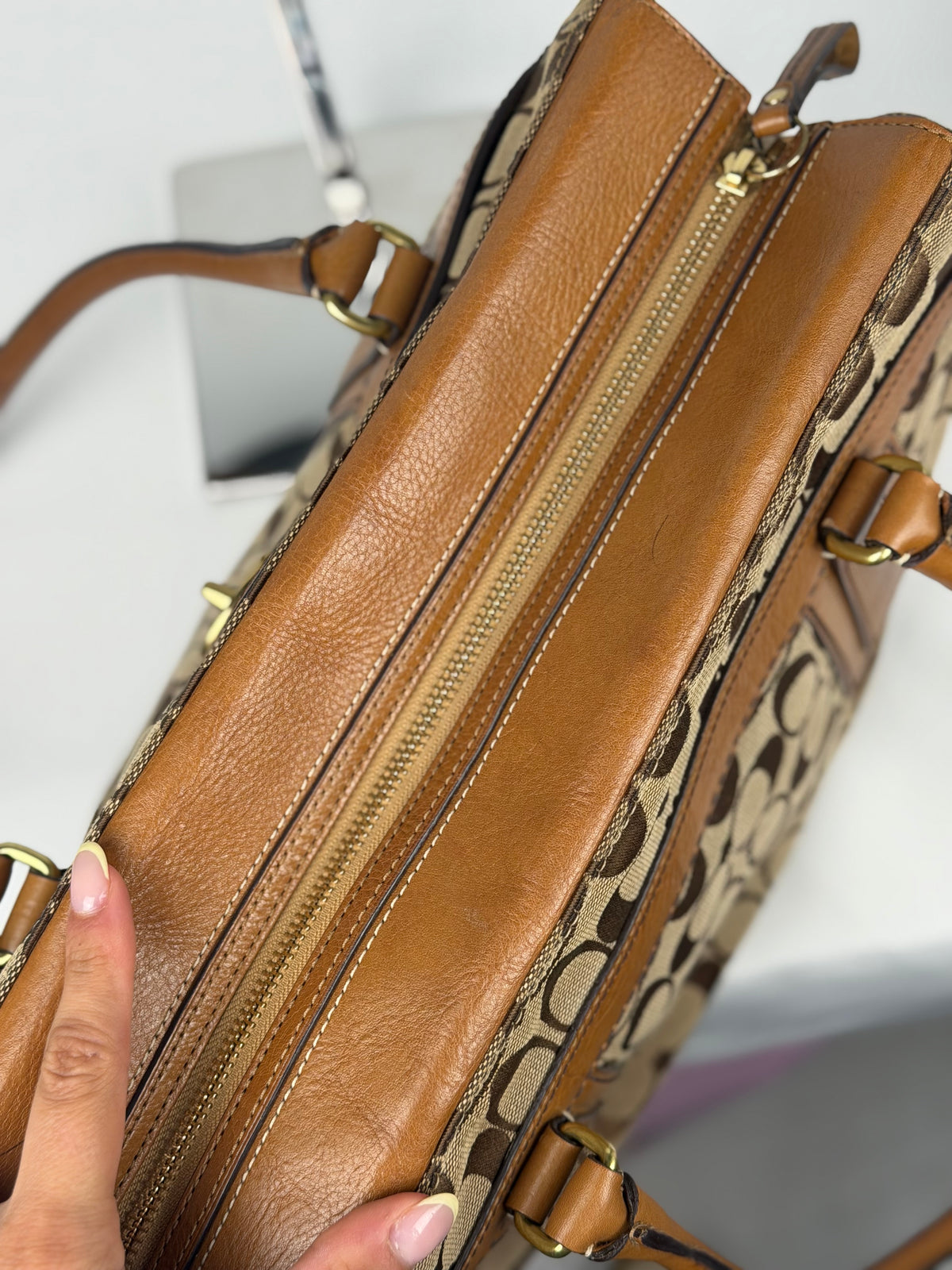 Coach 11063 Hampton Turnlock Signature Brown Monogram Shoulder Bag