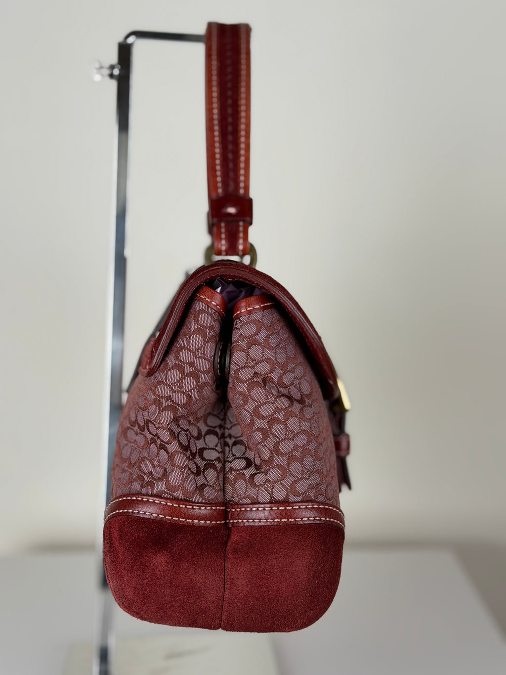 Coach 7078 Rare Soho Red Signature Monogram Hand Bag Leather Trim