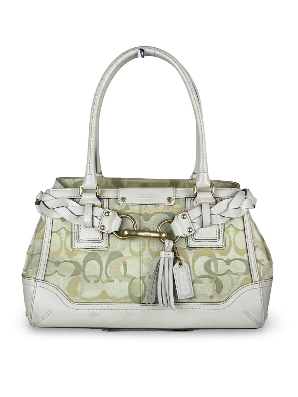 Coach 10785 Hampton Clip Green Optic Art Monogram Shoulder Bag White Leather Trim