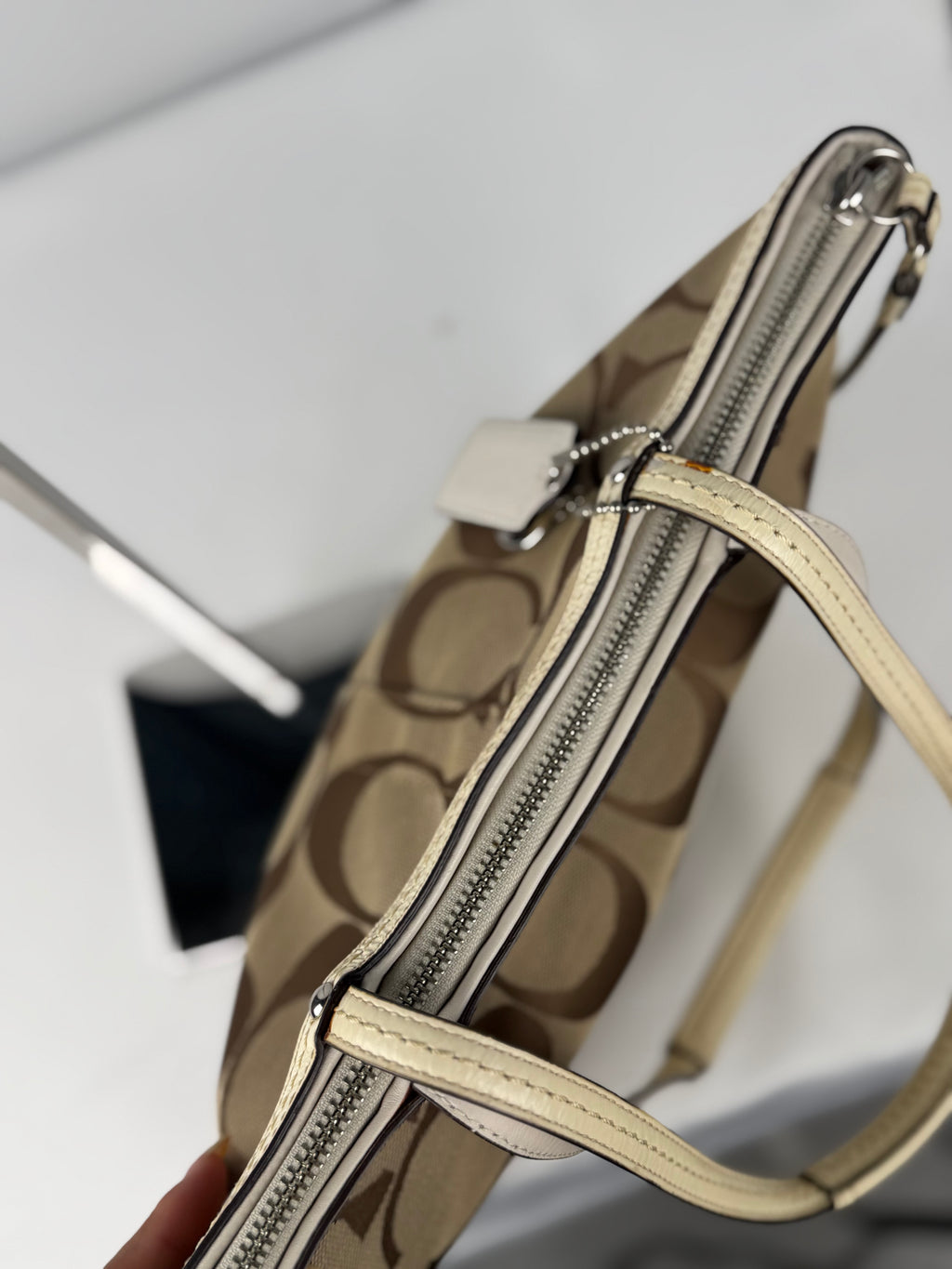 Coach F13548 Signature Brown/White Tote Shoulder Bag Leather Trim