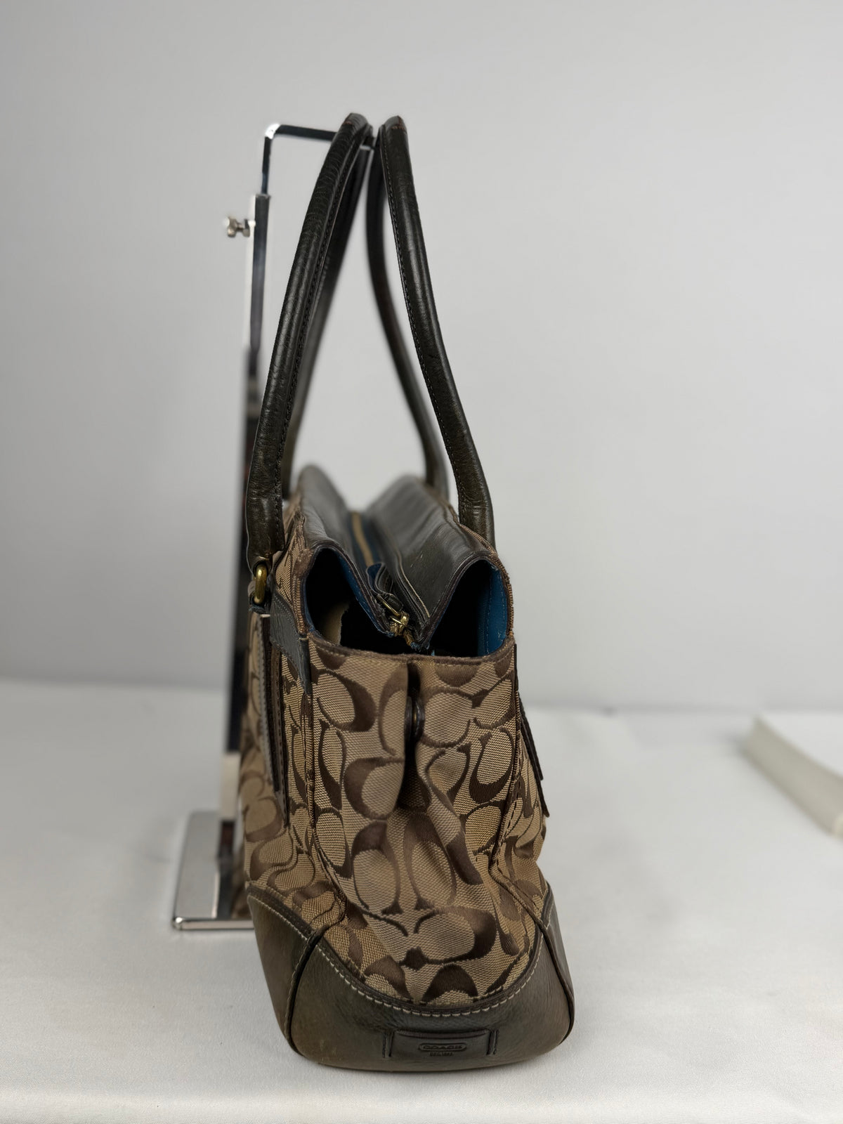 Coach 11063 Hampton Turnlock Signature Brown Shoulder Bag Leather Trim