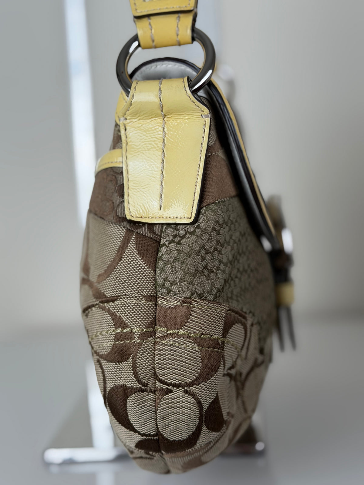 Coach F12316 Soho Signature Monogram Patchwork Shoulder Bag Yellow Patent Leather Trim