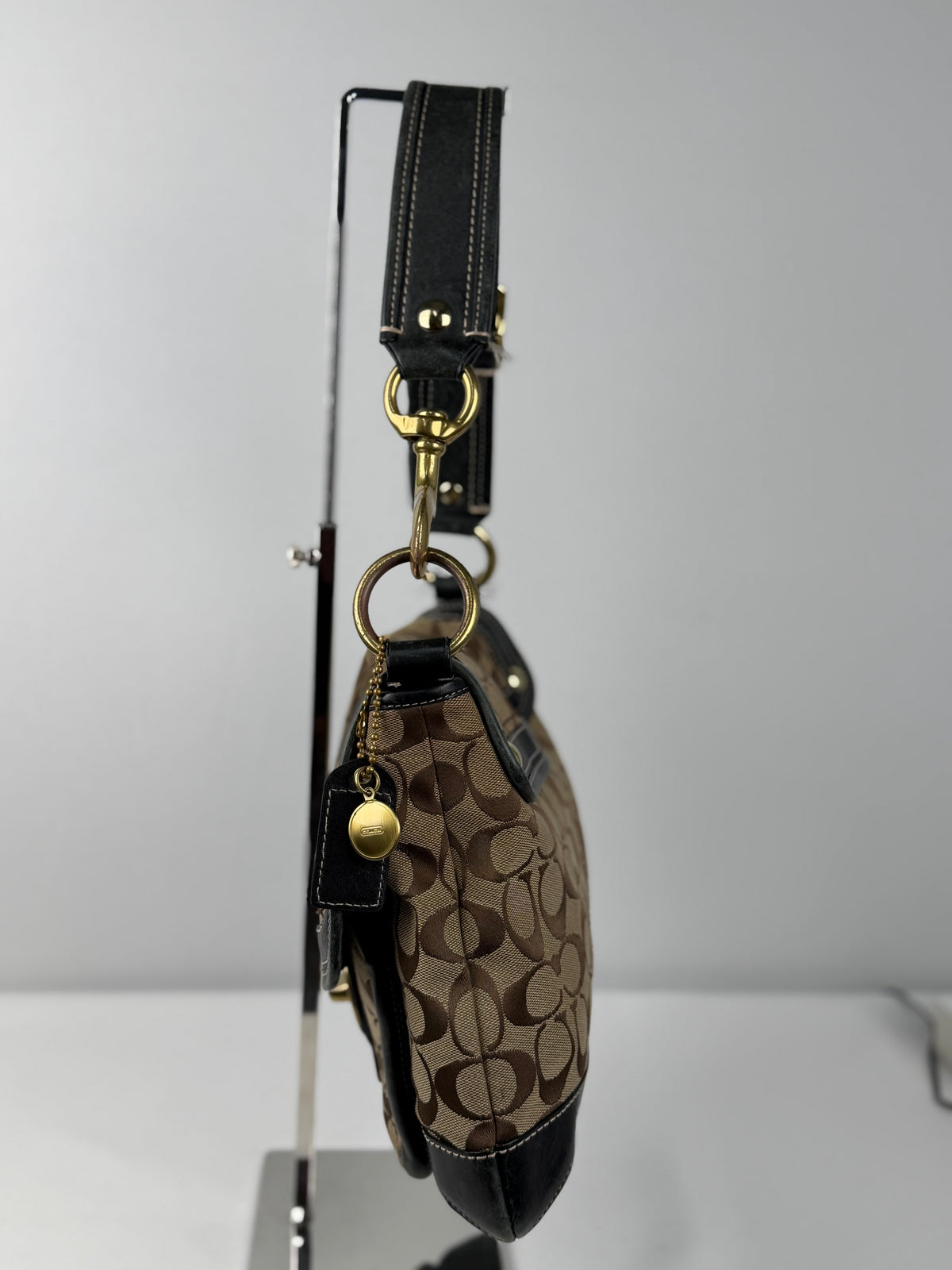 Coach 10338 Ali Legacy Turnlock Flap Signature Brown Monogram Shoulder Bag Black Leather Trim