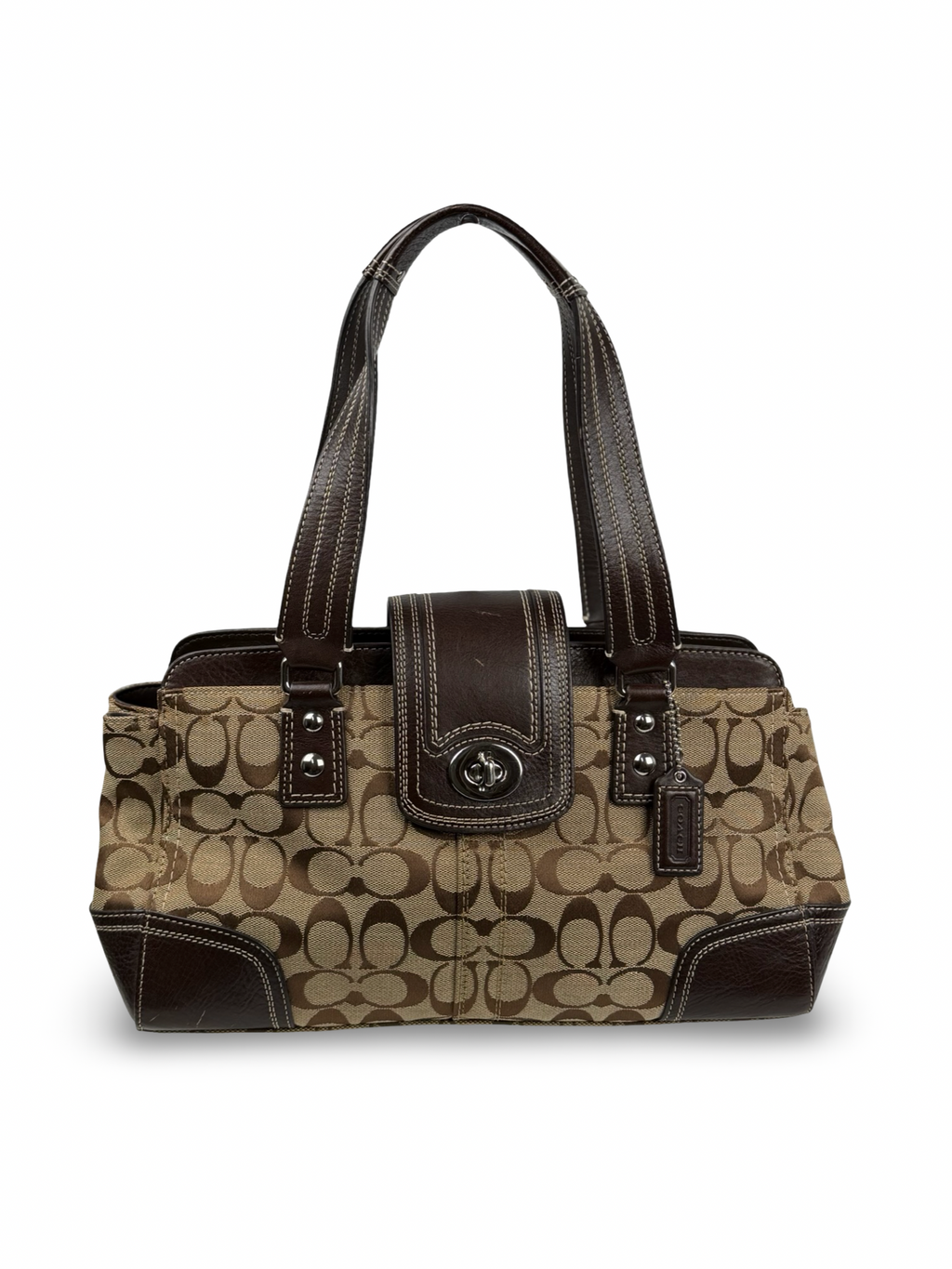 Coach F13975 Hampton Turnlock Flap Signature Brown Monogram Shoulder Bag Leather Trim