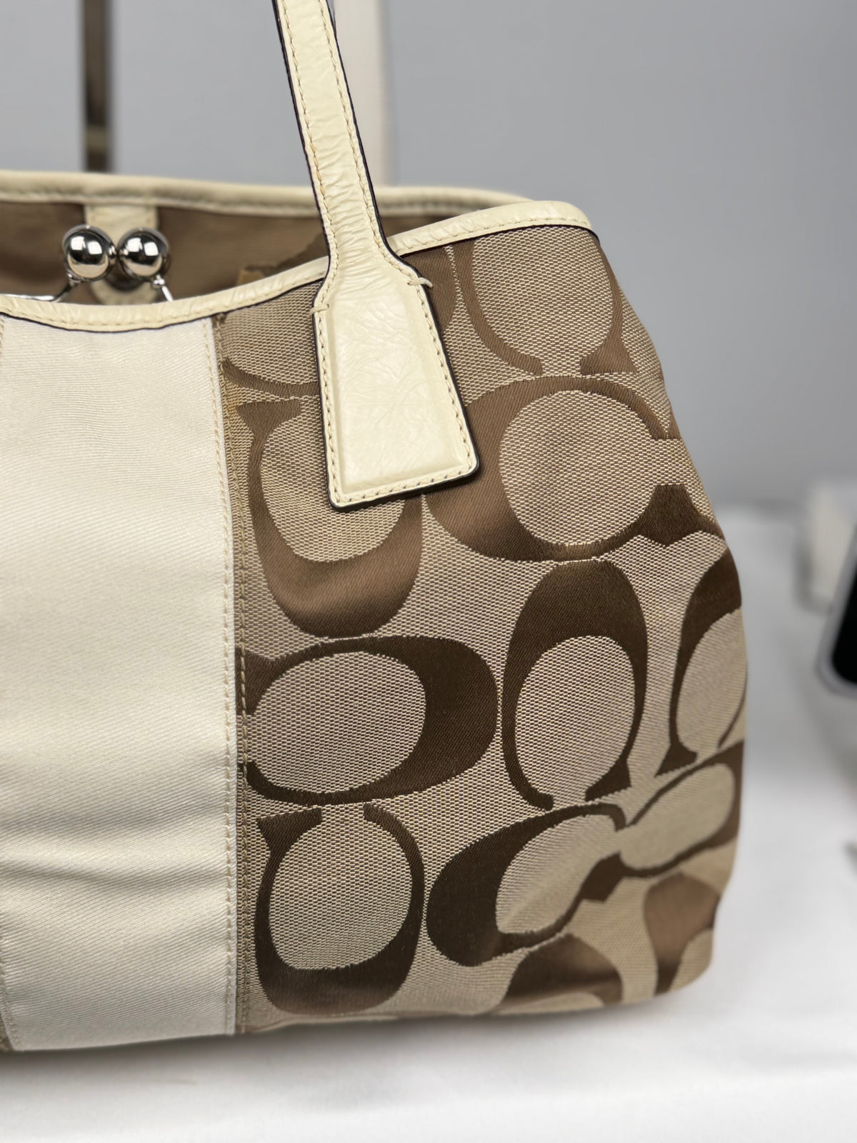 Coach F13533 Signature Brown Monogram Kisslock Shoulder Bag Cream Leather Trim