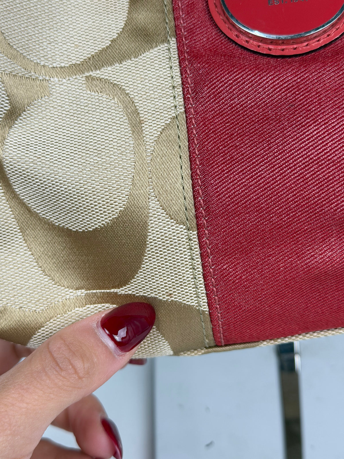 Coach F15111 Signature Beige Monogram Shoulder Bag Red Leather Trim