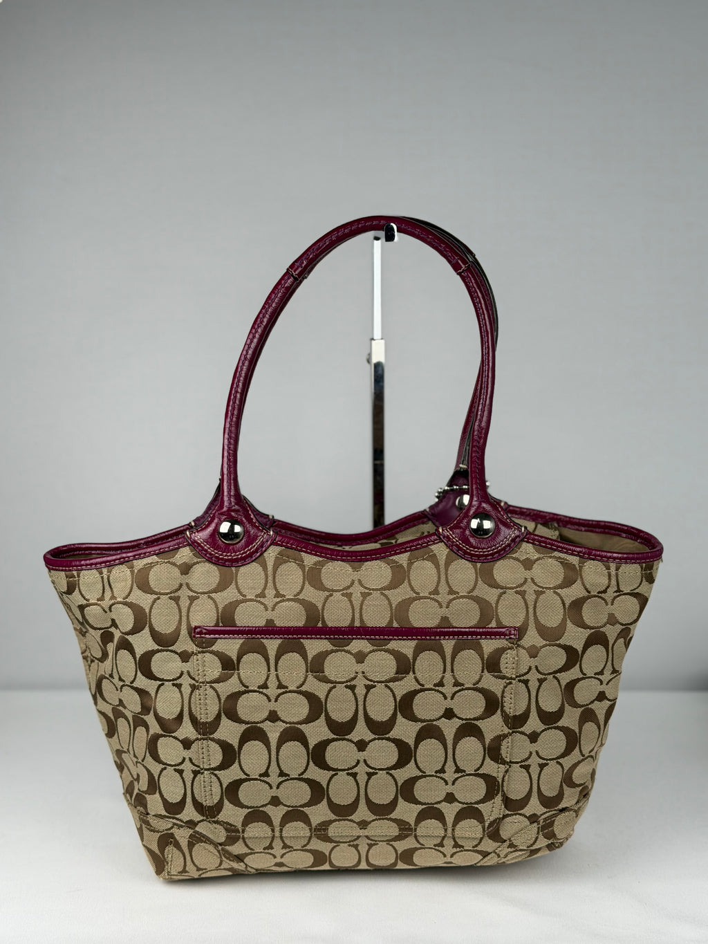 Coach F14385 Bleecker Signature Brown Shoulder Bag Purple Leather Trim