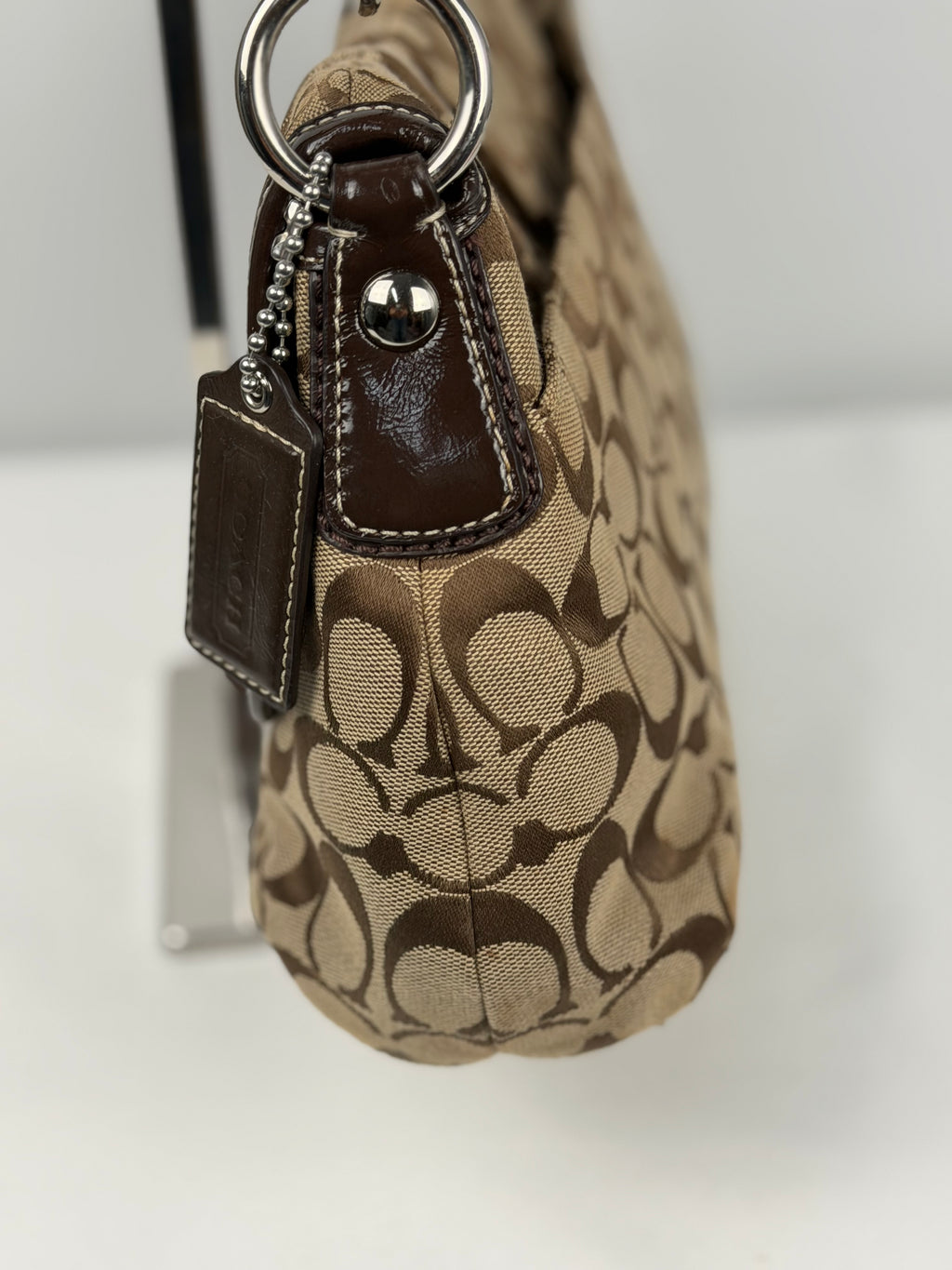 Coach F17093 Soho Signaure Brown Monogram Shoulder Bag Leather Trim