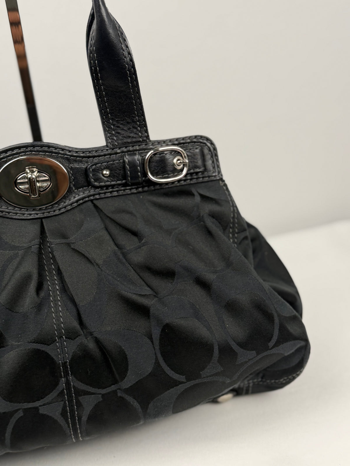 Coach F13906 Signature Black Monogram Satchel Turnlock Shoulder Bag Leather Trim