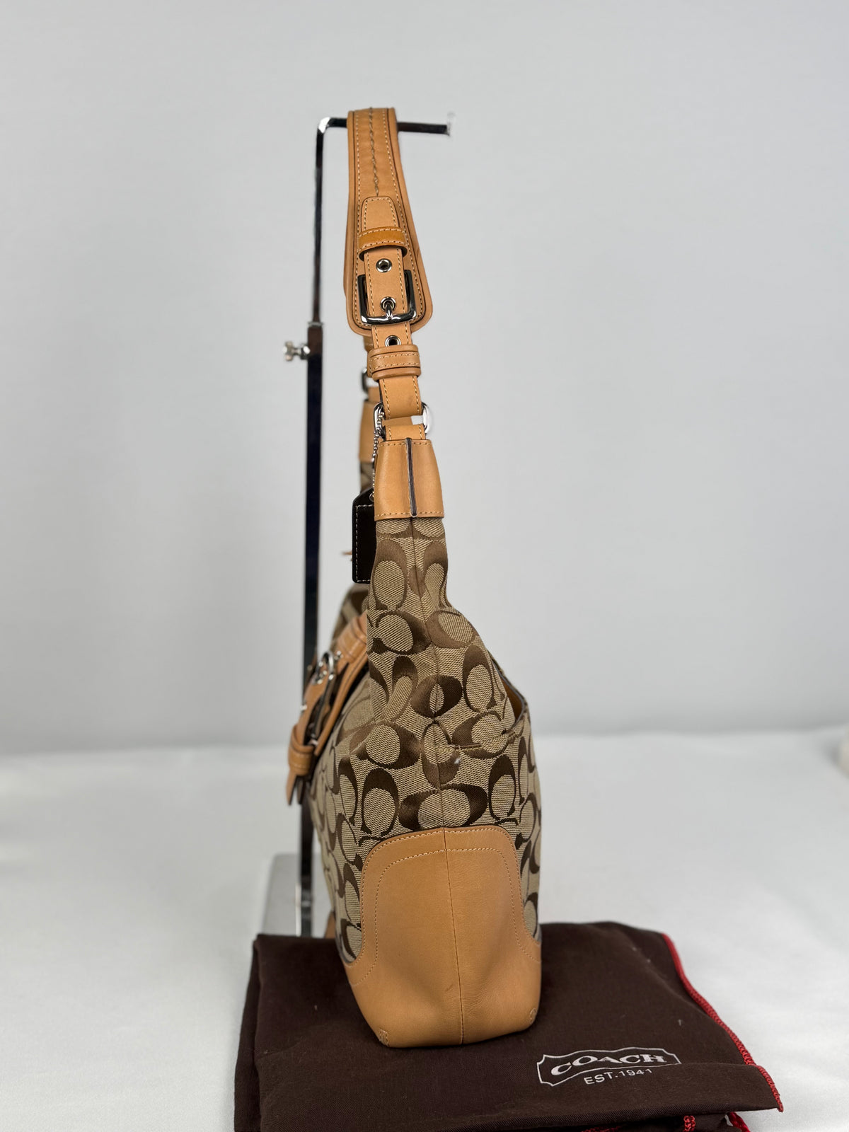 Coach 6824 Soho Signature Brown Shoulder Bag Tan Leather Trim