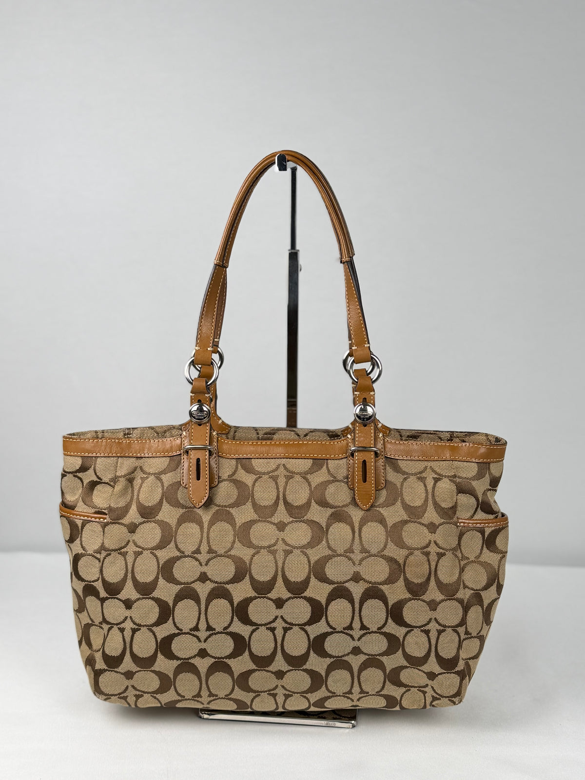Coach F15146 Signature Brown Monogram Shoulder Tote Bag Leather Trim