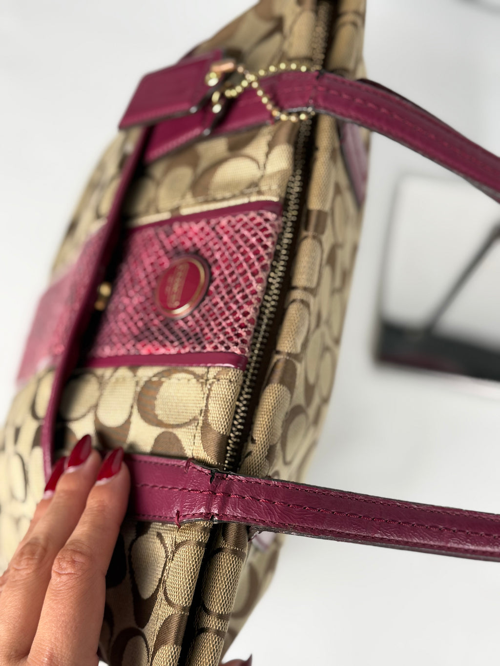 Coach F25706 Signature Brown Stripe Pink Python Shoulder Bag Leather Trim
