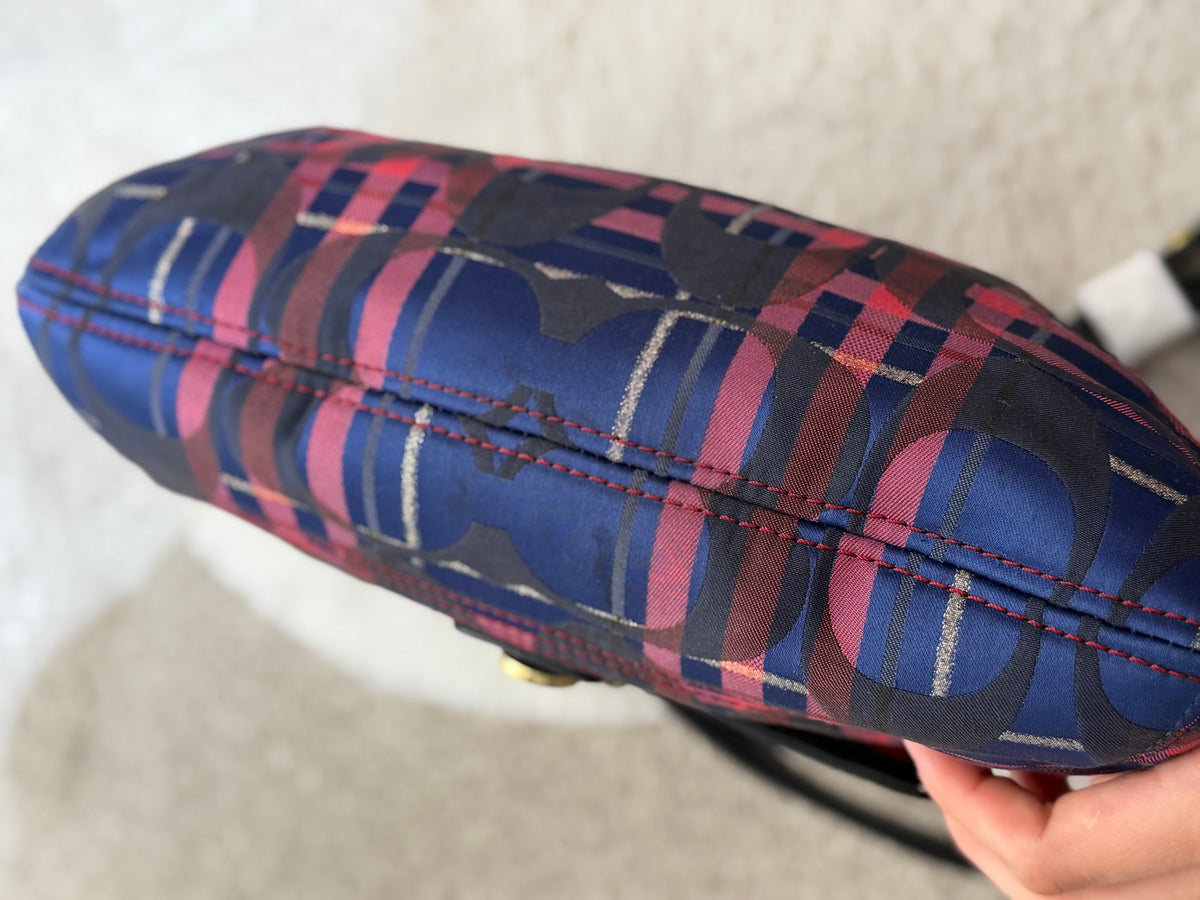 Coach 21621 Check Pattern Blue/Red/Pink Monogram Shoulder Bag