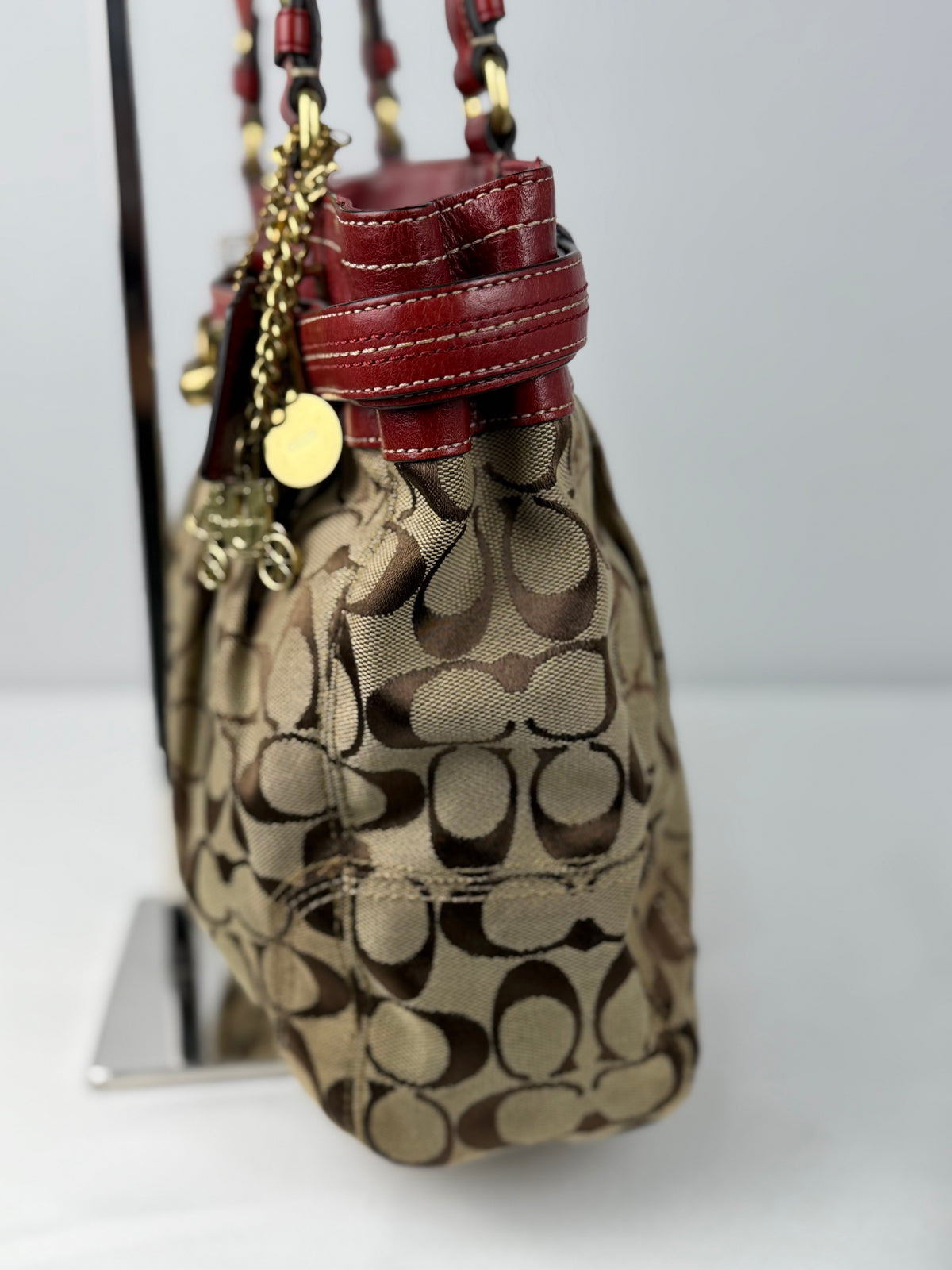 Coach 12467 Signature Brown Monogram Shoulder Bag Red Leather Trim