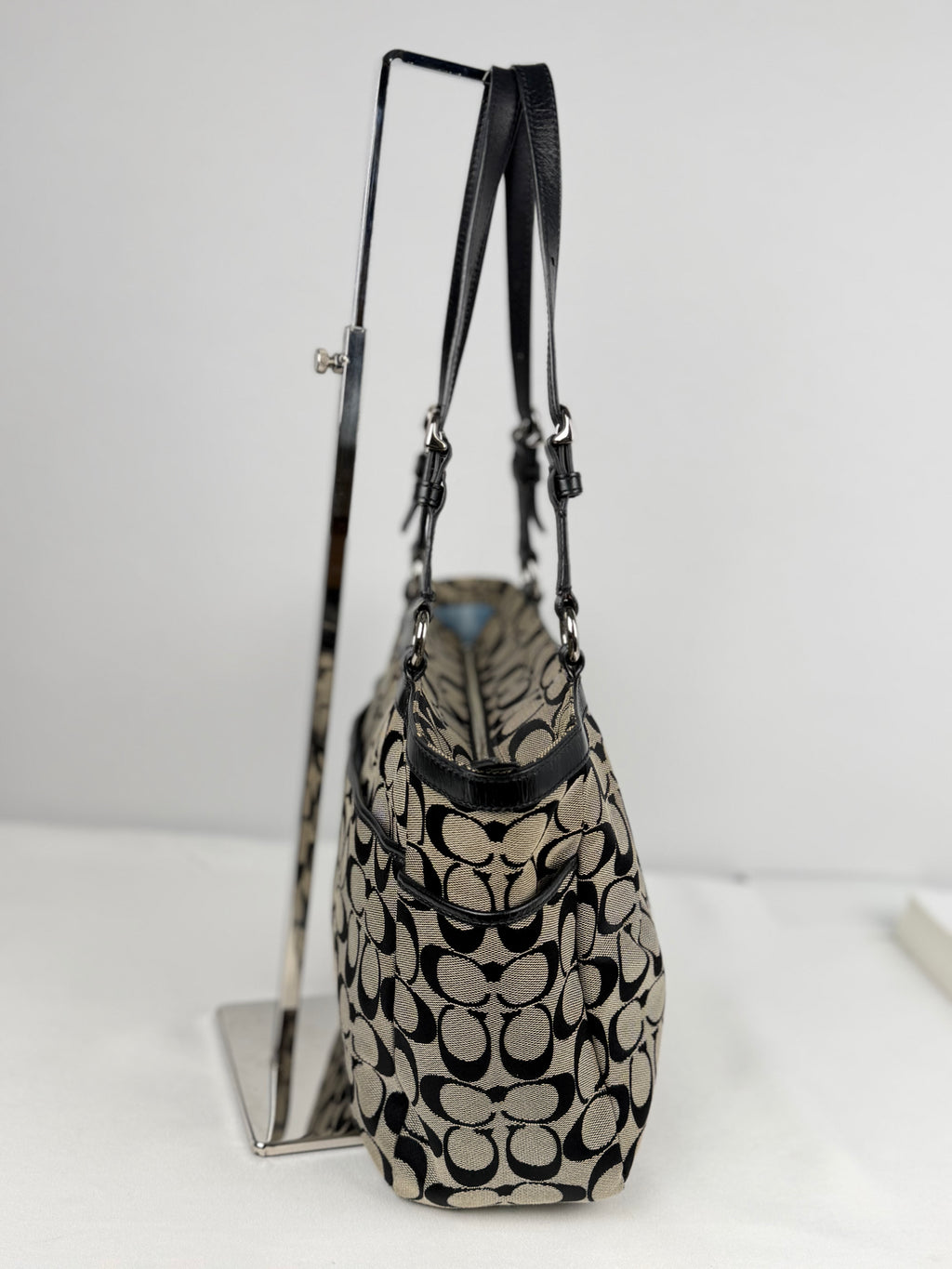 Coach F17726 Signature Grey/Black Shoulder Bag Leather Trim
