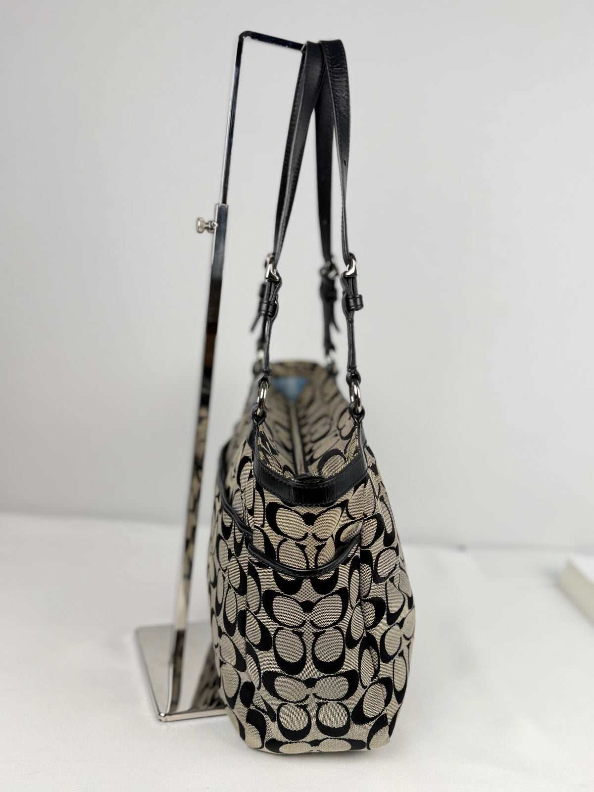 Coach F17726 Signature Grey/Black Shoulder Bag Leather Trim